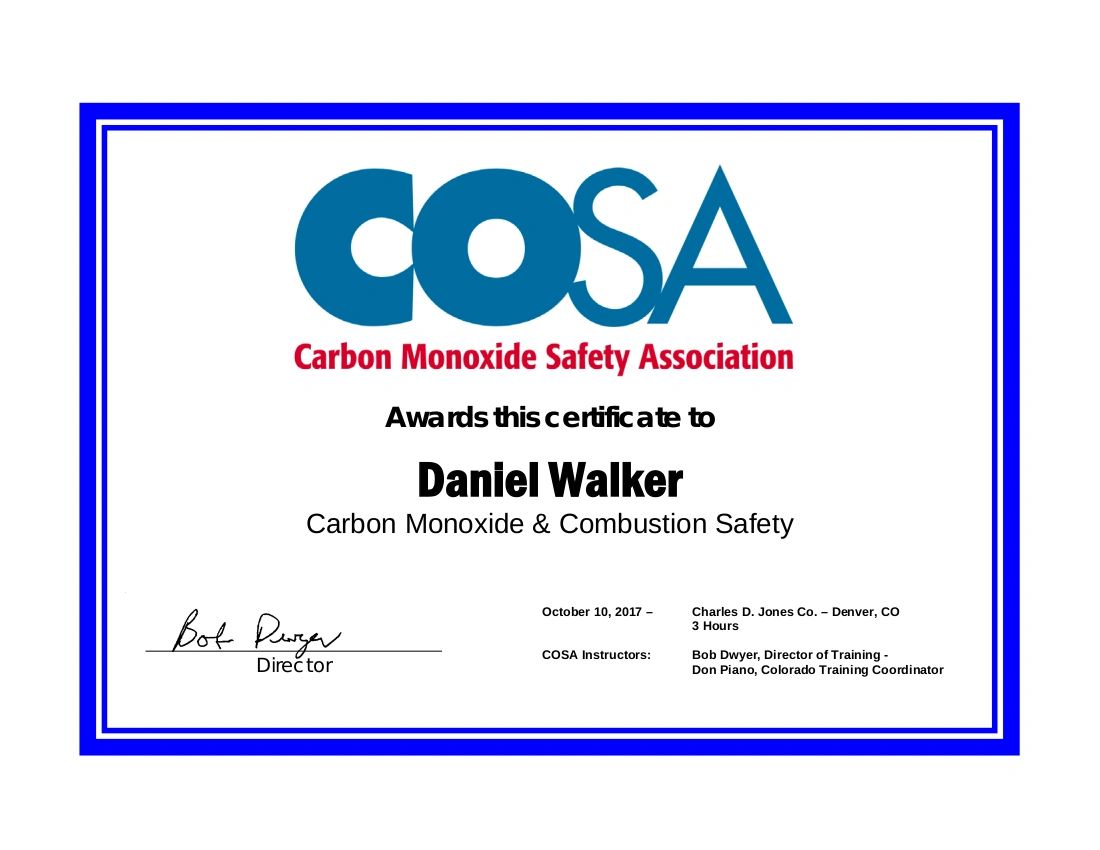 Certification: Carbon Monoxide Safety by COSA