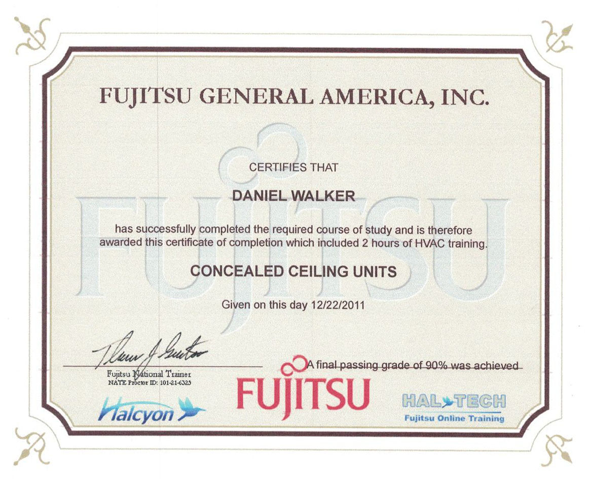 Certification Concealed Ceiling Units by Fujitsu