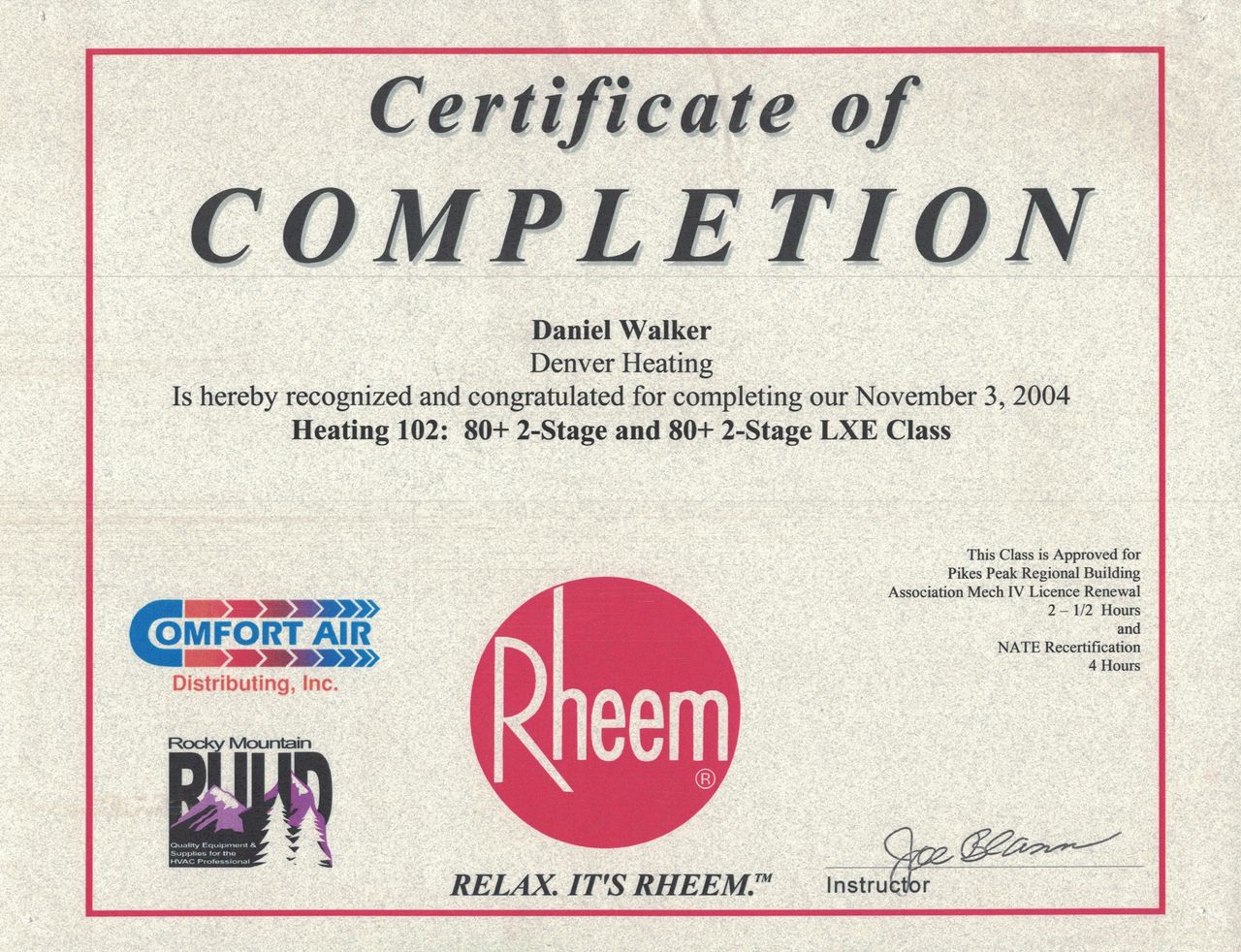 Certification Heating 102 Rheem