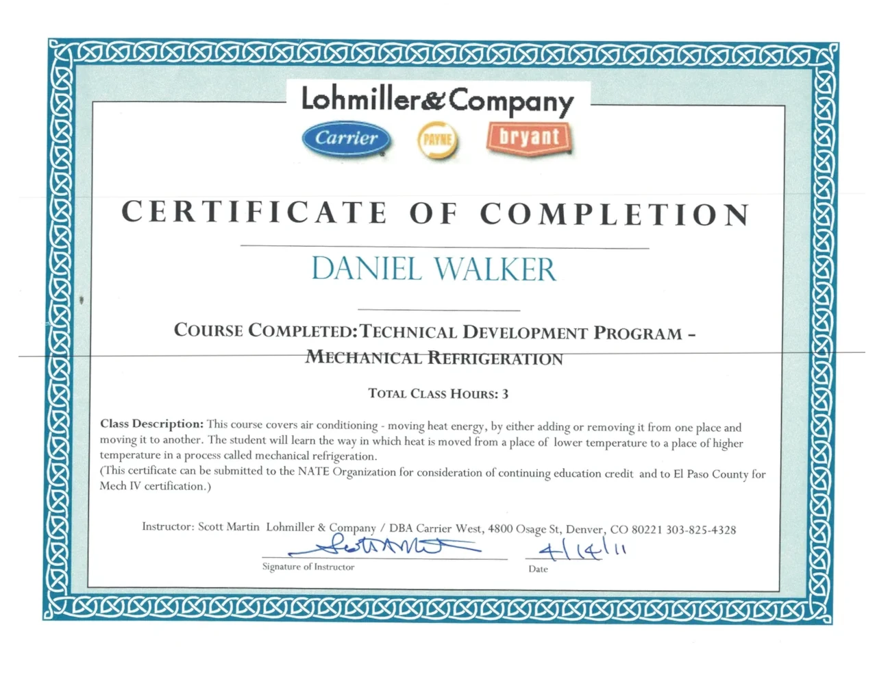 Certification Mechanical Refrigeration by Lohmiller & Company
