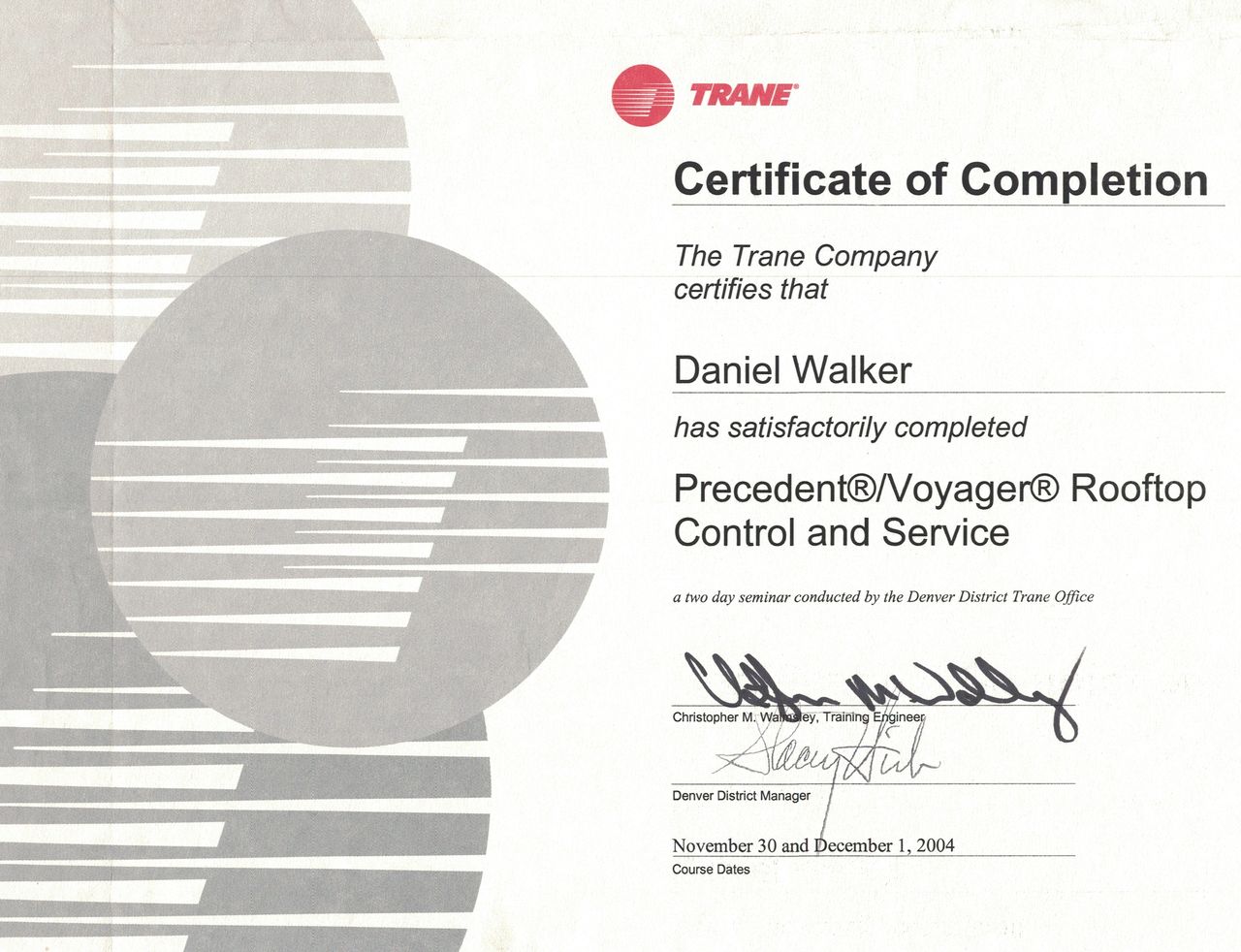 Certification Rooftop Control & Service by Trane