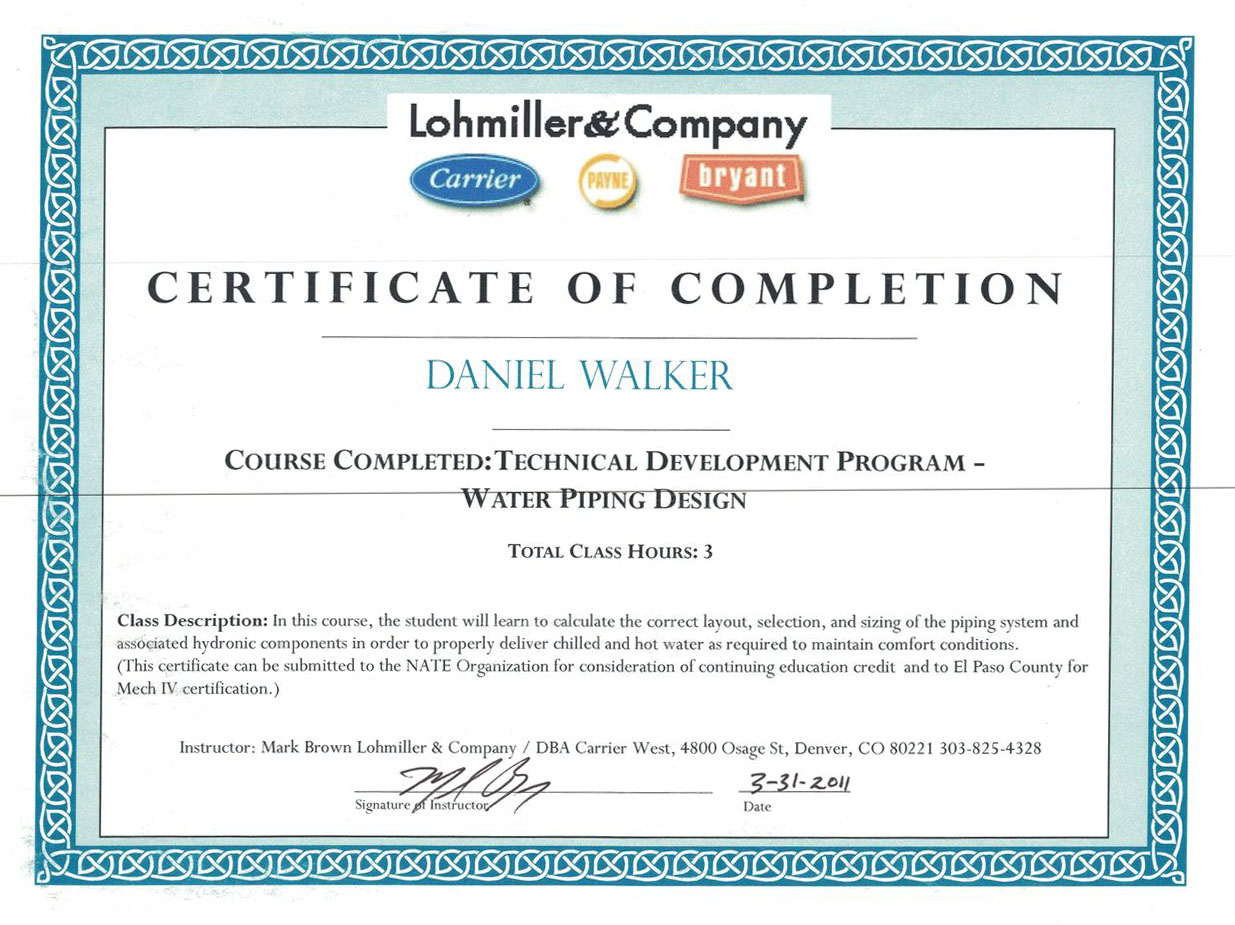 Certification Water Piping Design Lohmiller & Company
